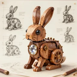 mechanical rabbit with a crystal inside, steampunk design, made of woods, by Leonardo da Vinci, drawn projects on paper, instructions to build it, recolorized