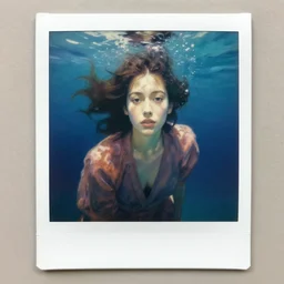 hyperrealism oil painting, fashion model portrait underwater photo polaroid