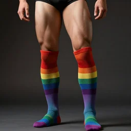 athletic man in thigh high rainbow socks