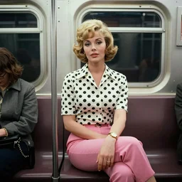 a beautiful artwork portrait of Shirley Maclaine riding the NYC subway in 1960 wearing a polka-dot blouse and pink capri pants.