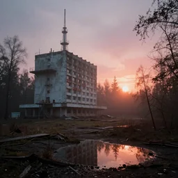 lomo photo of brutalism ussr space station, located in the woods, puddles of water, sunset, foggy, stunning skies, volumetric lighting
