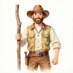 a watercolor painting of a man wearing lumberjack clothes and holding a axe by william turner, forest in the background, warm colors, anatomically correct, five fingers, realistic and defined face, realistic, digital painting, masterpiece, watercolor, william turner, symmetrical, low contrast, warm