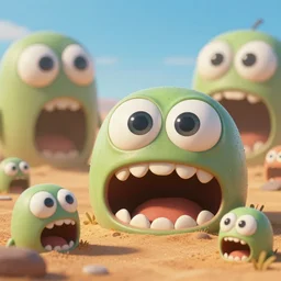 of a desert with large cute strange friendly creatures with huge eyes, mouth and teeth appearing from the ground, in the style of Gehry, macro lens, shallow depth of field, highly detailed, digital painting, trending artstation, concept art, illustration, cinematic lighting, vibrant colors, photorealism, epic, octane render