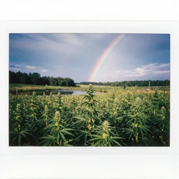 very beautiful polaroid photo of a cannabis meadow near a pond on a clear day with a rainbow
