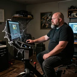 a chonky ethan van sciver with a bald head and trimmed grey beard sits in his basement on the computer while his peloton exercise bike is in the corner collecting cobwebs and spiderwebs, dramatic lighting