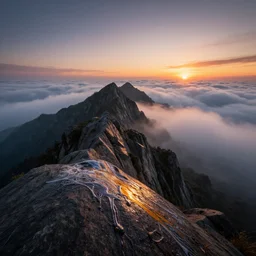 mountain ridge, wet paint, dripping paint, dramatic, ultra - wide angle, long exposure, ultra - hd, beautiful lighting, ray tracing global illumination, in a symbolic and meaningful style, above the clouds at sunset, trending on artstation, concept art, hyper realism