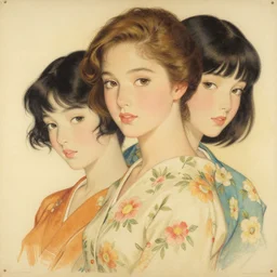 “ lucy boynton portrait by ikenaga yasunari and ayana otake and ko rakusui, 6 0 s poster, drawing, realistic, sharp focus, japanese, dreamy, nostalgia, faded, golden hues, floral clothes ”