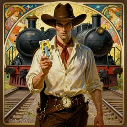 a dramatic ethereal epic symmetrical painting of a handsome villainous cowboy standing in front of railroad tracks with a train locomotive | his shirt is unbuttoned and he has a pocketwatch | tarot card, art deco, art nouveau, ( steampunk ), homoerotic, realistic | by gengoroh tagame and ( ( ( ( alphonse mucha ) ) ) | trending on artstation
