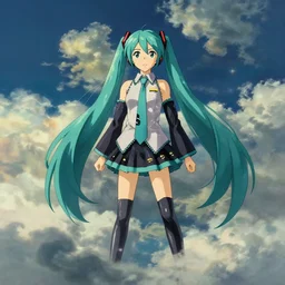 symmetric portrait of beautiful anime hatsune miku, hatsune miku, atmospheric lighting, stunning, by studio ghibli painting, clouds, wide angle, low - angle shot, by joaquin sorolla rhads leyendecker, by ohara koson and thomas kinkade, traditional japanese colors, superior quality, masterpiece, trending on artstation, isometric