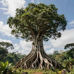 giant thin amazonian tree with big roots and strong winds at the top, surrealist, dmt, dmt, 5 meodmt, blissful landscape, mother ayahuasca, sacred, by christophe vacher