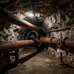underground mine with rusty pipes