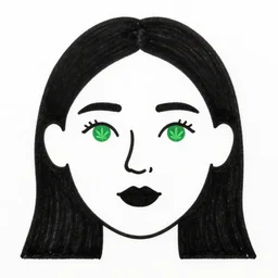 hand - drawn minimalistic line portrait of woman with round face, short nose, small round eyebrows, wide lips and kind green eyes with cannabis leaf inside, black and white, pictogram, ink, pencil