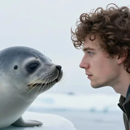 beautiful man with brown curly hair, shoulder length, high cheek bones, small nose and blue eyes staring into the eyes of an arctic seal, facing each other, golden sunset in the background, romantic, side profile view, cinematic, digital art