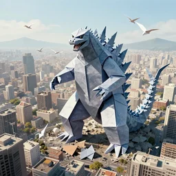 origami giant godzilla, tearing through a city, birds eye view