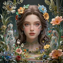 Beautiful  full-length 20mm mid-distance photograph of young Rosanna Arquette  in an ornate Flowerpunk garden with 3D glass and crystal statues, extreme detail, CG society, 3D sculpture, Zbrush, fractals, volumetric lighting, cinematic, perfect face, perfect eyes, photorealistic, photograph
