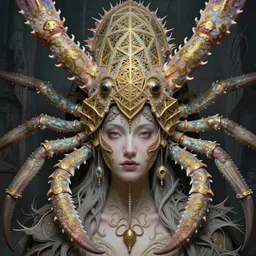 hyperrealistic detailed face portrait of the beautiful goddess of the giant isopods with an intricate golden ornamental geometrical fractal giant isopod masked headdress, art by ernst haeckel, john william godward, android jones, h. r. giger, gothic - cyberpunk, ornamental, dimmed pastel colours,