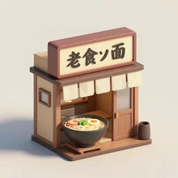 outside view of small miniature ramen shop, studio gibli, hayao miyazaki, clean, very detailed, isometric view, trending on artstation, trending on behance low poly, best low poly 3 d pinterest, global illumination,