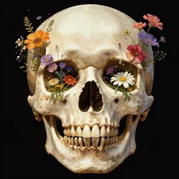 a digital art of a skull with a beautiful assortment of colorful flowers growing out of the eye holes and nostril holes, art nouveau, artstation, cgsociety
