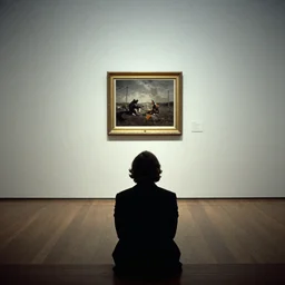 harlekin seen from behind sitting in an empty gallery contemplating over a frame hanging at the opposite wall, photo taken with provia 1967