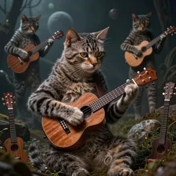 variations of Schrodinger's cat playing the ukelele, many-worlds interpretation of quantum reality, digital art,
