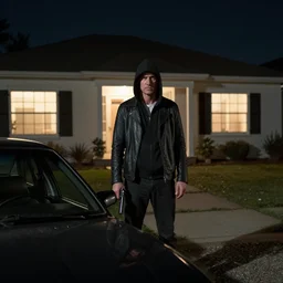 movie scene, assassin waiting outside a house in his car, night, silenced pistol, by emmanuel lubezki