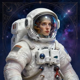portrait of a techno wizard astronaut with an epic cosmic background, intricate, elegant, highly detailed, digital painting, artstation, smooth, sharp focus, illustration, art by artgerm and greg rutkowski and alphonse mucha and erak note