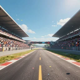 wide angle shot worms eye view of a realistic futuristic racetrack finish line with confetti on a sunny day with a clear blue sky, cyberpunk, profile shot, digital painting, good value control, crowded stands, three point perspective, rule of thirds, golden ratio, horizon line focus, sharp focus, vanishing point