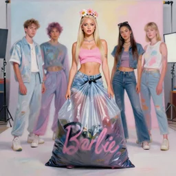 still from music video of barbie palvin from die antwoord standing in a photo studio, wearing a trashbag garbage bag and flowers, street fashion, full figure portrait painting by martine johanna, ilya kuvshinov, rossdraws, pastel color palette, shiny plastic, spraypainted bodypaint graffiti