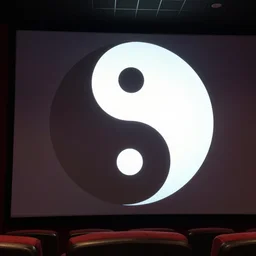 the yin Yang symbol appears on the screen of a movie theatre, realistic photo, 4k