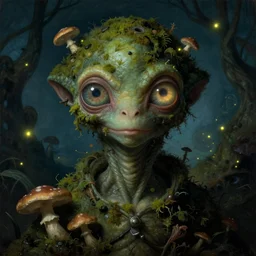 a close - up rococo portrait of an alien creature with giant glowing eyes, covered in moss, mushrooms, and swamp, 1 8 th century painting by jean - honore fragonard and moebius. fireflies, night time. gloomy blue green environment, blurry organic dark background. sci - fi fantasy renaissance masterpiece. artstation