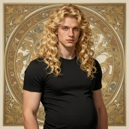 A pregnant pale blond young man in a tight black T-shirt, very detailed face, long fluffy curly blond hair, light blond hair, gorgeous, beautiful, intricate, highly detailed, digital painting, artstation, concept art, sharp focus, illustration, art by greg rutkowski and alphonse mucha