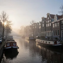 a foggy dutch canal with large boats. volumetric lighting and thick fog. god rays. morning sun. Amsterdam. Groningen.