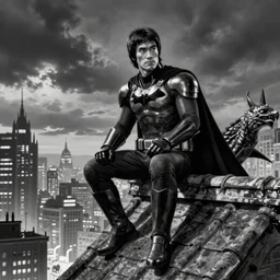 Bruce Lee as Batman in armour outfit sitting on roof like a gargoyle, Gotham city, frank miller style comic , sin city comic, black and white graphic. Cinematic art Station moody sky