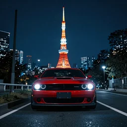 dodge challenger with blood vinyil in the middle of a road on the night Tokyo, blue color grading, cinematic color grading , unreal 5, hyperrealistic, realistic, photorealistic, dynamic lighting, highly detailed, cinematic landscape, studio landscape, studio lighting
