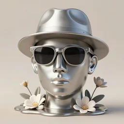 a head made out of melting metal, limited neutral palette, it is wearing sunglasses and a hat, there are flowers all around it, green paint melting, vogue cover style, demonic style, smooth fractal style, ethereal fantasy style, 3 d perfect render style, horror style, flowerpunk style