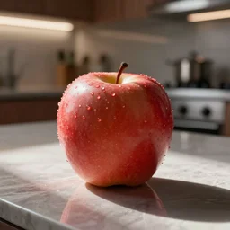 red apple, macro, macro view, on a luxury worktop, with blurred kitchen as background