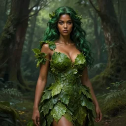 portrait of a forest mage, female, dress made of green leaves, gorgeous, green hair, brown skin, curves, forest background, highly detailed, smooth, sharp focus, chiaroscuro, digital painting, artgerm and greg rutkowski and alphonse mucha