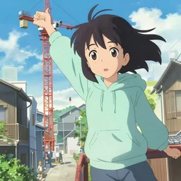 anime film visual of a young black haired girl wearing hoodie sightseeing the street standing on top of tower crane, cute face by ilya kuvshinov, makoto shinkai, kyoto animation, dynamic perspective and pose, detailed eyes, less nose, crisp and sharp cel shade