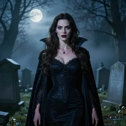 charismatic regal brunette female vampire, portrait, inside a mausoleum at highgate cemetery, atmospheric lighting, painted, intricate, mist, cold, volumetric lighting, blue tint, moon light, sharp focus, ultra detailed, by leesha hannigan, ross tran, thierry doizon, kai carpenter, ignacio fernandez rios