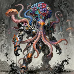 asura from chinese myth, ghost, mecha, wearing a colourful octopus and flows as a hat, a incredible concept design, gorgeous and huge head ornaments, organic fractal mycelum and fungi, a dreamland of chinese, 4 k post processing, fascinating, dire, frantic, mould disintegrating into black dripping ink and slime, painted by edgar maxence, edward hopper, wayne barlowe and james gilleard, by jamesjean