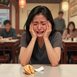 a woman in a chinese restaurant weeping profusely, a broken fortune cookie on the table in front of her, art by artgerm and greg rutkowski and magali villeneuve