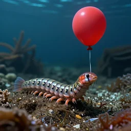 an centipede with a fish tail holding a red baloon in a leg, phorealistic marine scene, detailed, vllumetric light