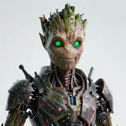 human goth groot ; adult male 3 0 years ; glowing green eyes ; scientist ; friendly ; closed mouth ; smug ; sharp facial features ; slender ; vampire ; wearing high tech armour ; robot ; trending on artstation ; high detail ; digital art