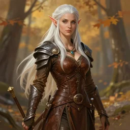 portrait of a beautiful fit elf ranger, with fluent cloths, leather armor, by greg rutkowski and alphonse mucha, d & d character, gradient brown to white, autumn background, highly detailed portrait, digital painting, artstation, concept art, smooth, sharp focus illustration, artstation hq