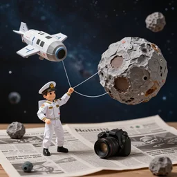 a space admiral tethered to an asteroid, with spaceship, space backdrop, everything made of papier - mache canon 5 d 5 0 mm lens, diorama, newspaper,