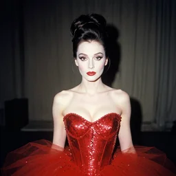 film portrait photography of nora o'donnell as jessica rabbit, head and shoulders photography. red sequin ballgown dress. kodak ektar 4 0 0. canon f 1. 2. detailed, heavy film grain