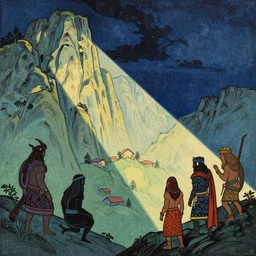 ancient beings, by tivadar csontvary kosztka, by yoshitaka amano, woodblock, split - complementary - colors, poster, polished
