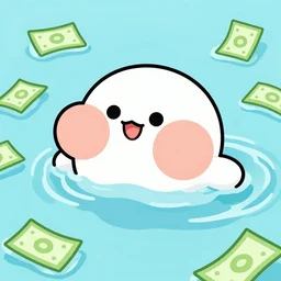 Gaturro with big Inflated cheeks swimming in money, cartoon,