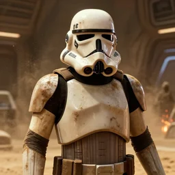 star wars film still, closeup portrait of a dirty sandtrooper in a desert spaceport, dust, scum and villainy, rim light, embers, hyper detailed, smooth, high contrast, concept art, gta v, volumetric lighting, ralph mcquarrie, doug chiang, ryan church