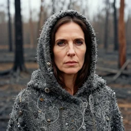 closeup portrait of a woman wearing a cloak made of geodes and wire, standing in a burnt forest, by Annie Leibovitz and Steve McCurry, natural light, detailed face, CANON Eos C300, ƒ1.8, 35mm, 8K, medium-format print
